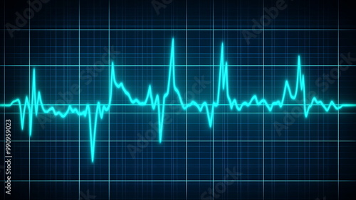 A heart rate monitor shows a wavy, teal-colored line on a dark-blue grid.