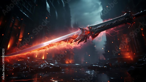 A glowing sword surrounded by a dark, mystical environment.