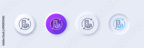 Change money line icon. Neumorphic, Purple gradient, 3d pin buttons. Currency exchange sign. Transfer payment symbol. Line icons. Neumorphic buttons with outline signs. Vector