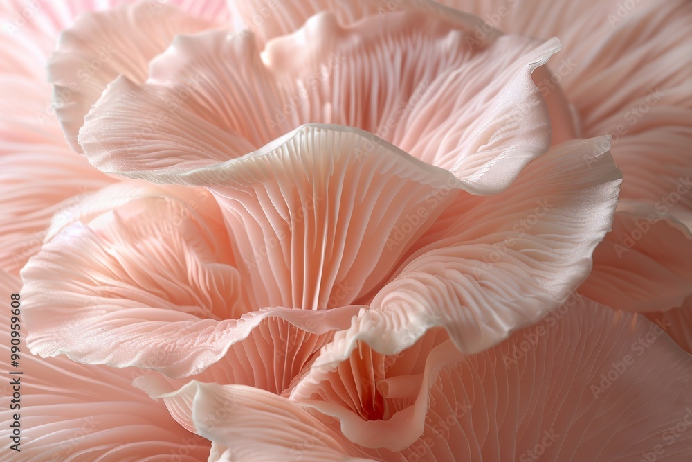 macro photograph soft pink mushroom gills delicate textures with intricate folds soft lighting illuminating smooth surfaces with gentle gradient light pale peach Shallow depth field creating dreamlike macro photograph soft pink mushroom gills delicate textures with intricate folds soft lighting illuminating smooth surfaces with gentle gradient light pale peach Shallow depth field creating dreamlike