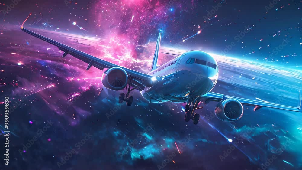 A blue airplane is flying through a purple and pink sky A blue airplane is flying through a purple and pink sky