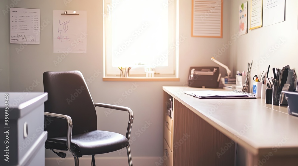 Serene Empty Doctor's Office with Clean Desk, Neatly Arranged Medical Instruments, and Empty Chair, Reflecting a Calm Healthcare Ambiance Serene Empty Doctor's Office with Clean Desk, Neatly Arranged Medical Instruments, and Empty Chair, Reflecting a Calm Healthcare Ambiance
