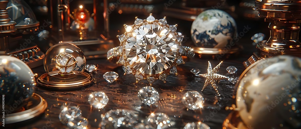A luxurious arrangement of sparkling gems and globes, evoking elegance and exploration.