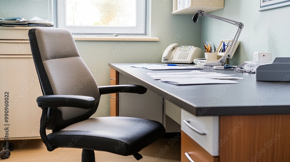 Serene Doctor's Office Interior with a Clean Desk, Empty Chair, and Organized Medical Equipment Reflecting a Calm Healthcare Atmosphere. Medical Consultation Room Ambiance. Serene Doctor's Office Interior with a Clean Desk, Empty Chair, and Organized Medical Equipment Reflecting a Calm Healthcare Atmosphere. Medical Consultation Room Ambiance.