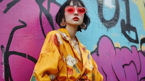 A fashion portrait of a model in a bold Japanese street style outfit, posed against a vibrant, graffiti-covered wall
