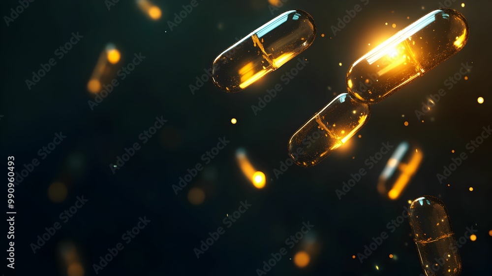 A series of pills are floating in the air, with some of them glowing in the dark A series of pills are floating in the air, with some of them glowing in the dark