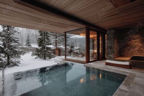 An indoor pool area with large glass walls provides a serene view of the snow-covered outdoors, blending the warmth of the indoor setting with the chill of winter scenery outside. photo