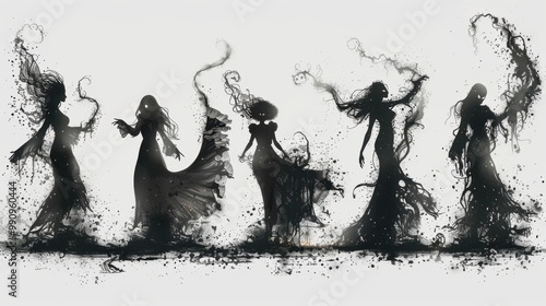 Design black silhouette illustrations of spooky Halloween The Phantom of the Opera in various activities ,with bold lines and simple design, placed on a white background 