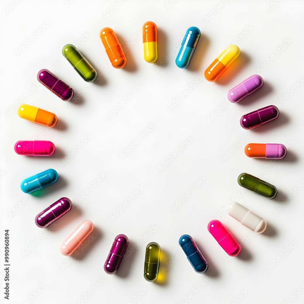 A colorful pill bottle with a rainbow of pills in a circle A colorful pill bottle with a rainbow of pills in a circle