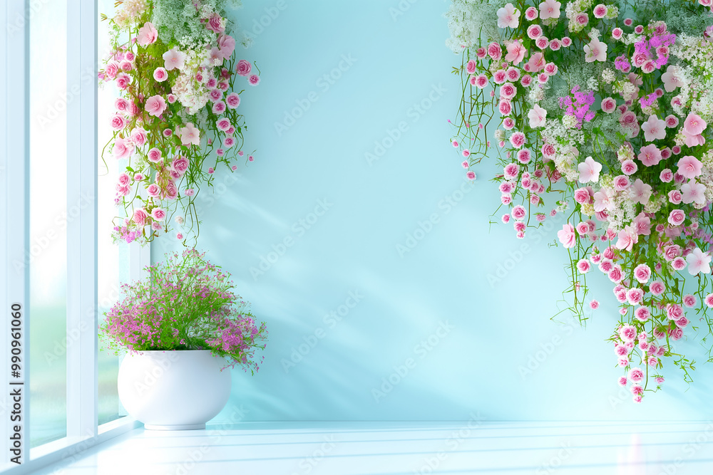 In a bright blue room, vibrant hanging flowers cascade from the ceiling, complemented by a lovely pot of pink blooms on the floor, creating a welcoming ambiance In a bright blue room, vibrant hanging flowers cascade from the ceiling, complemented by a lovely pot of pink blooms on the floor, creating a welcoming ambiance