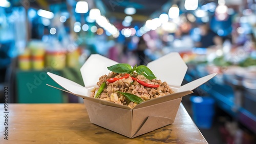 A delicious takeout meal in a cardboard box sits on a wooden table at an open market. photo