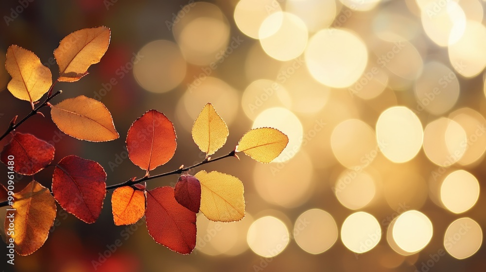 Branch of Autumn Leaves Illuminated by Warm Golden Hour Light, creating a Bokeh Background of Soft Circles Branch of Autumn Leaves Illuminated by Warm Golden Hour Light, creating a Bokeh Background of Soft Circles