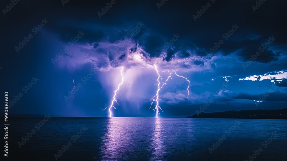 Powerful Lightning Storm Over Ocean at Night, Natural Phenomenon, Raw Energy, Weather Extremes, Sea and Sky Collision Powerful Lightning Storm Over Ocean at Night, Natural Phenomenon, Raw Energy, Weather Extremes, Sea and Sky Collision