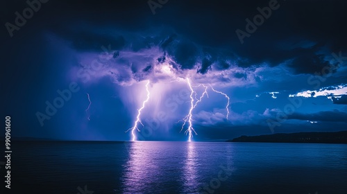 Powerful Lightning Storm Over Ocean at Night, Natural Phenomenon, Raw Energy, Weather Extremes, Sea and Sky Collision