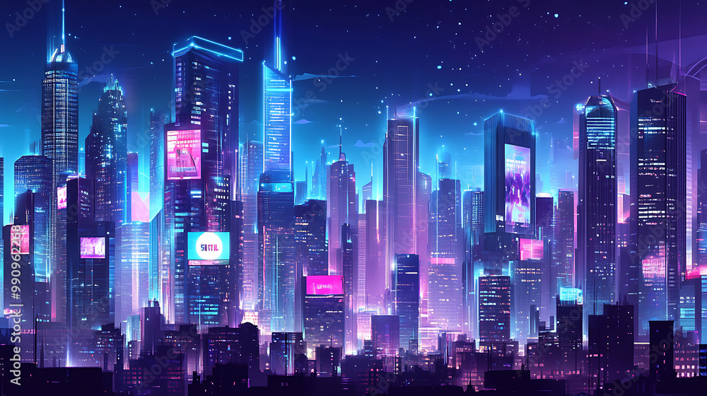 Glamorous background with an AI-designed futuristic cityscape, featuring towering skyscrapers, digital billboards, and a neon-lit skyline Glamorous background with an AI-designed futuristic cityscape, featuring towering skyscrapers, digital billboards, and a neon-lit skyline
