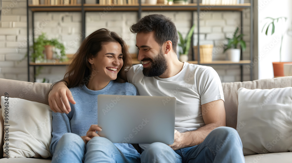 Happy middle aged couple using laptop computer relaxing on couch at home. Smiling mature man and woman talking having fun laughing with device sitting on sofa in sunny living room. generative ai. Happy middle aged couple using laptop computer relaxing on couch at home. Smiling mature man and woman talking having fun laughing with device sitting on sofa in sunny living room. generative ai.