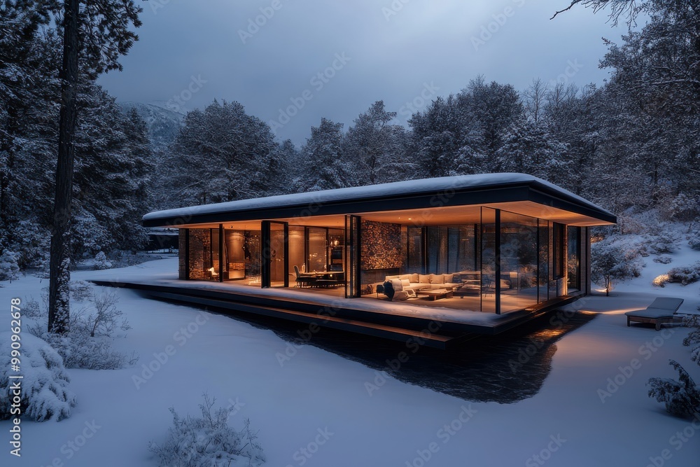 An elegantly designed glass cabin set in a winter landscape, with warm interior lighting that provides a cozy ambiance, surrounded by snow and trees for a peaceful retreat. An elegantly designed glass cabin set in a winter landscape, with warm interior lighting that provides a cozy ambiance, surrounded by snow and trees for a peaceful retreat.