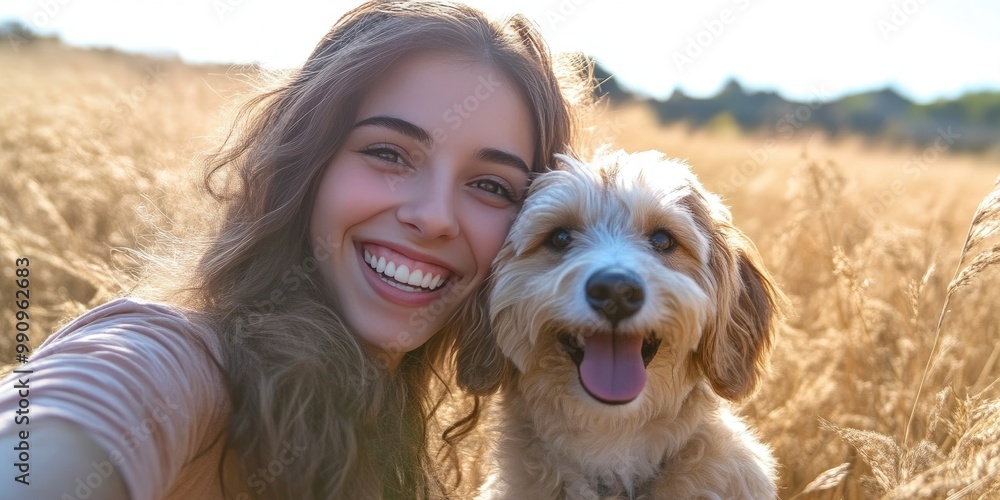 Smiling woman posing with her furry dog Smiling woman posing with her furry dog