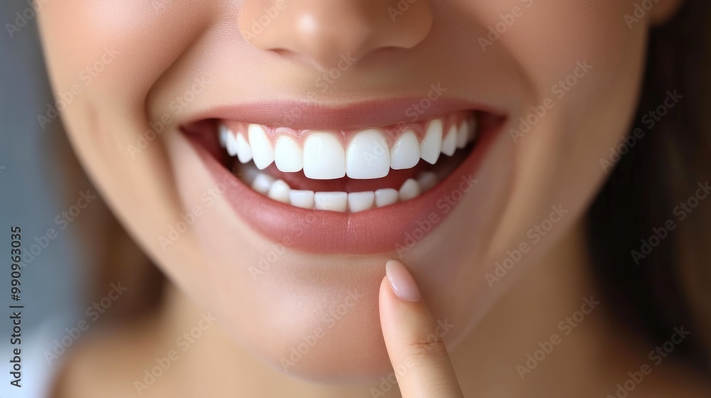 Close-Up of Woman Pointing to Her Perfect Teeth Close-Up of Woman Pointing to Her Perfect Teeth
