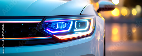 the headlights of a white car with the grill lights turned on,