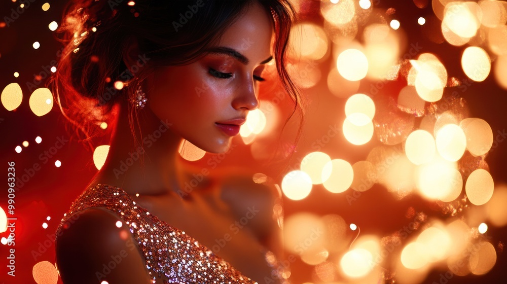 A glamorous model in a dazzling evening dress, surrounded by sparkling lights on a red carpet event A glamorous model in a dazzling evening dress, surrounded by sparkling lights on a red carpet event