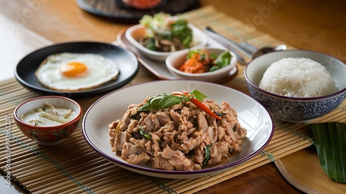 A delicious Thai meal with stir-fried chicken, rice, fried egg, and various side dishes.