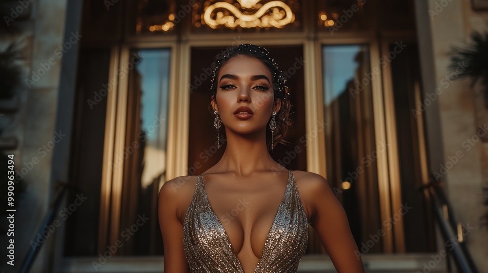 A glamour Croatian model in a sparkling dress, standing confidently in front of a luxurious hotel entrance A glamour Croatian model in a sparkling dress, standing confidently in front of a luxurious hotel entrance