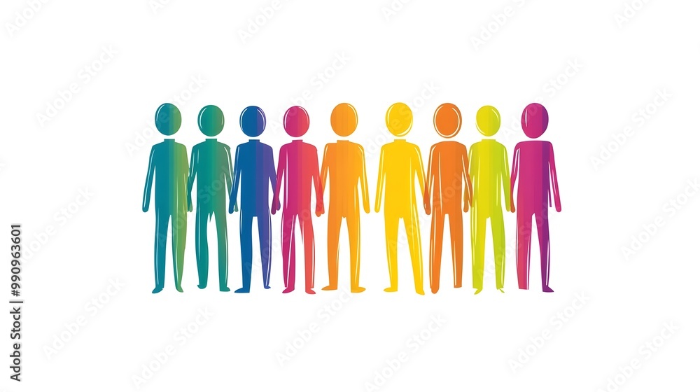 Diverse Inclusive Group of Colorful Silhouette Characters Representing Togetherness and Diverse Inclusive Group of Colorful Silhouette Characters Representing Togetherness and