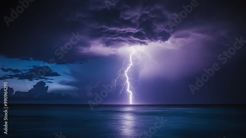 Powerful Lightning Storm Over Ocean at Night, Natural Phenomenon, Raw Energy, Weather Extremes, Sea and Sky Collision