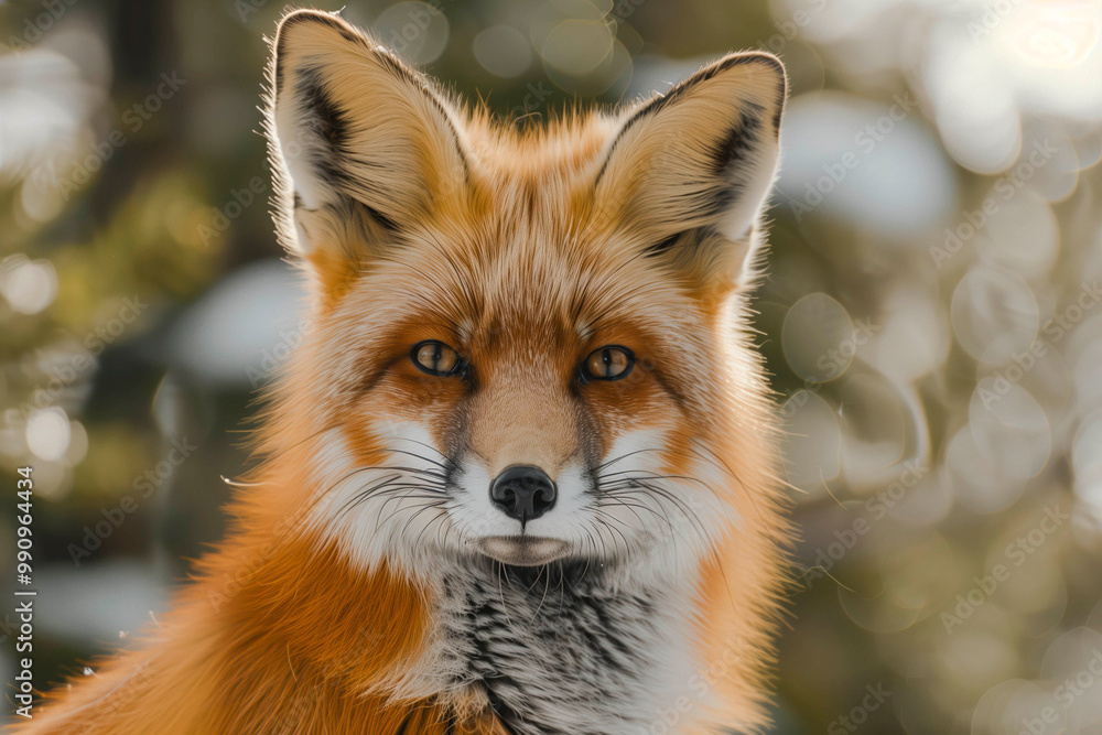 Red Fox - Vulpes vulpes, close-up portrait with bokeh of pine trees in the background. Making eye contact. Red Fox - Vulpes vulpes, close-up portrait with bokeh of pine trees in the background. Making eye contact.