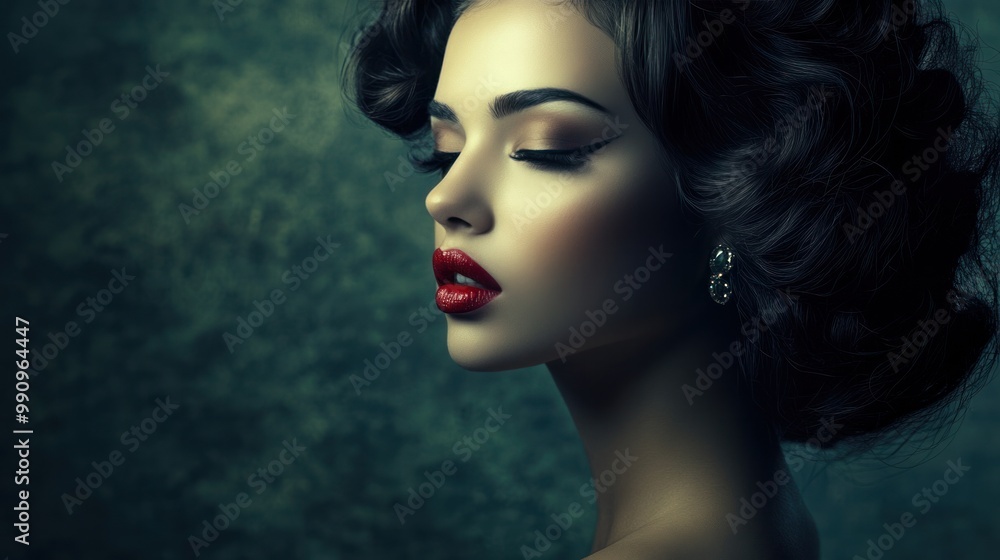A glamour portrait of a woman with flawless makeup and styled hair, posed elegantly against a dark, moody background A glamour portrait of a woman with flawless makeup and styled hair, posed elegantly against a dark, moody background