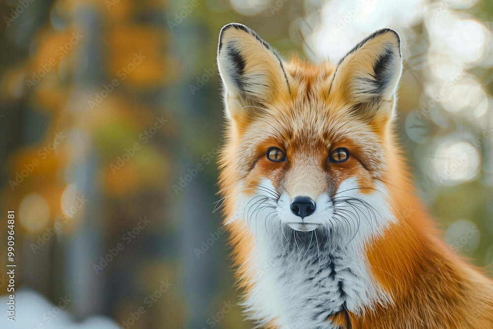 Obraz premium Red Fox - Vulpes vulpes, close-up portrait with bokeh of pine trees in the background. Making eye contact.