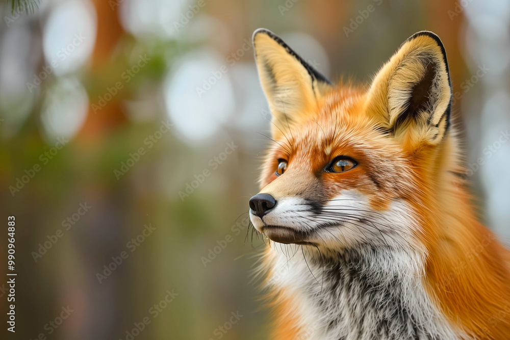 Red Fox - Vulpes vulpes, close-up portrait with bokeh of pine trees in the background. Making eye contact. Red Fox - Vulpes vulpes, close-up portrait with bokeh of pine trees in the background. Making eye contact.