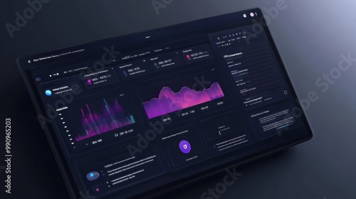 Advanced data visualization displayed on a modern tablet in a low-light environment highlighting analytics trends and metrics