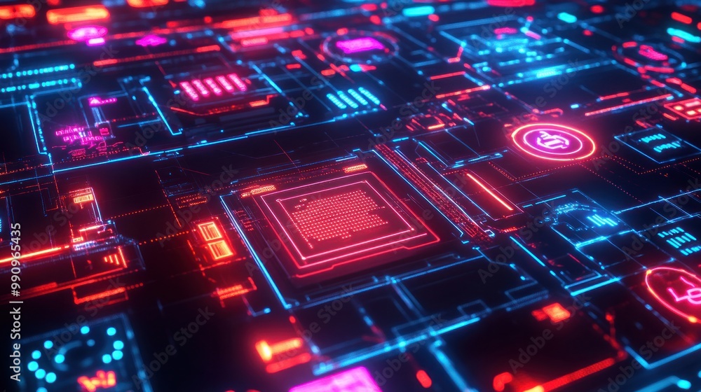 A high-tech visualization of a cybersecurity interface with glowing digital grids, firewalls, and warning icons A high-tech visualization of a cybersecurity interface with glowing digital grids, firewalls, and warning icons