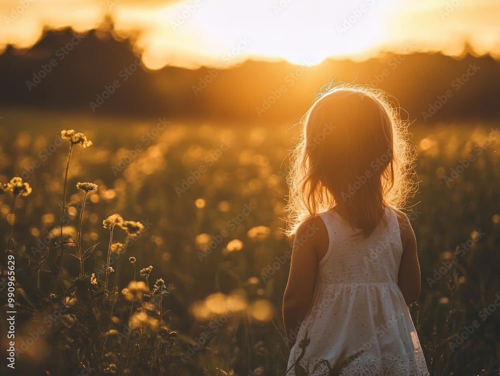 Golden Hour Silhouette of a Young Girl Standing in a Field of Flowers with the Sun Setting in the Background Golden Hour Silhouette of a Young Girl Standing in a Field of Flowers with the Sun Setting in the Background