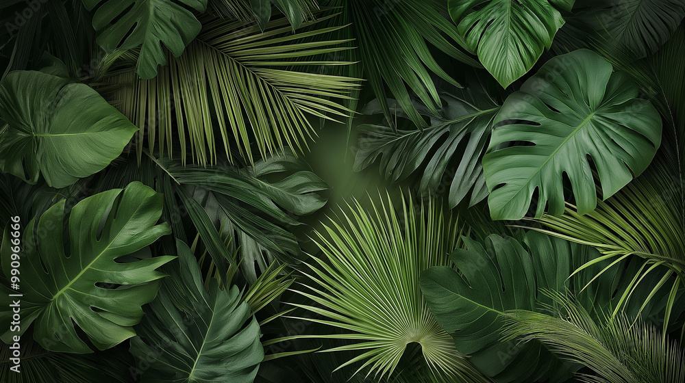 A lush, tropical setting with a variety of palm leaves. The leaves are predominantly green, with some displaying intricate patterns and textures. They are overlapping and densely packed