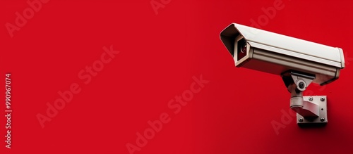 Modern video surveillance camera in a protective metal box. The camera hangs on the red wall. Empty space for text, product advertising. photo