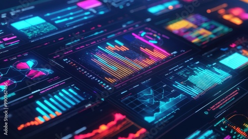 Colorful data visualizations showcasing analytics and statistics in a digital dashboard interface at night