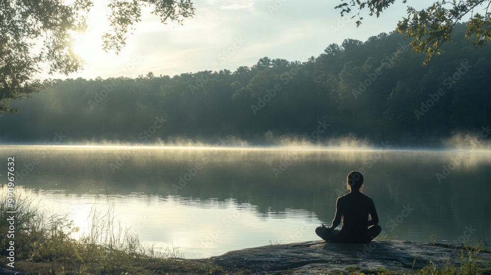 A person practicing a traditional Native meditation technique by a calm lake, the water reflecting the early morning light A person practicing a traditional Native meditation technique by a calm lake, the water reflecting the early morning light