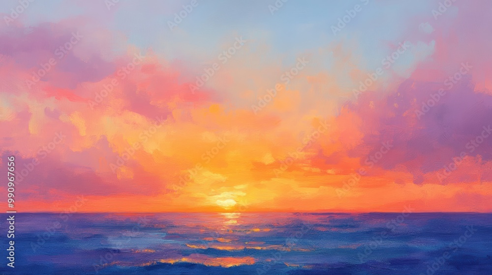 Painted Golden Hour Sunset Over the Ocean, with Vivid Colors and Brushstrokes, Depicting a Serene and Tranquil Seascape Painted Golden Hour Sunset Over the Ocean, with Vivid Colors and Brushstrokes, Depicting a Serene and Tranquil Seascape
