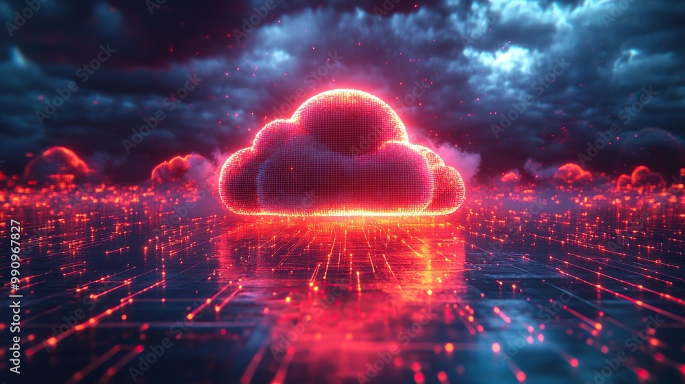 Obraz premium A 3D rendering of a digital cloud earth, set within a neon data grid in cyberspace, illustrating global connectivity in the digital age.