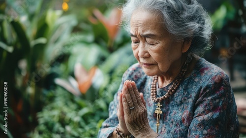 Serene Senior Woman Praying with Rosary in Peaceful Garden