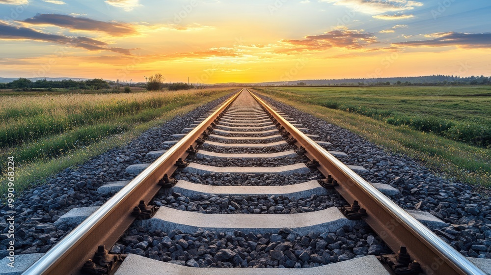 Fototapeta premium Railroad Tracks Extending Towards a Sunset Horizon, Capturing the Essence of Journey and Hope