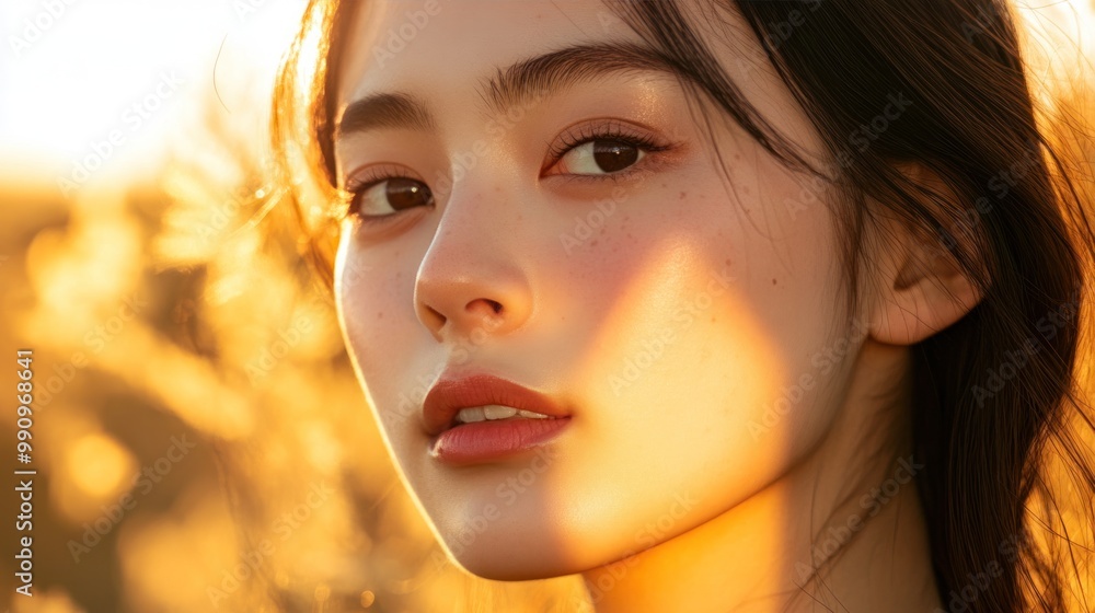 A portrait of a young Japanese woman with natural makeup, her face softly illuminated by the golden hour sunlight A portrait of a young Japanese woman with natural makeup, her face softly illuminated by the golden hour sunlight