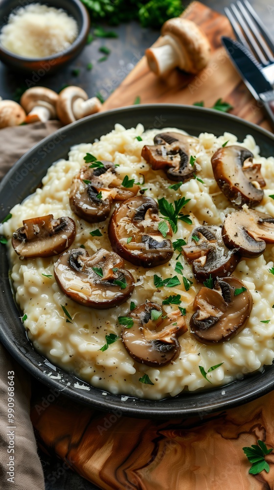 Close-up top view of creamy resotto with mushrooms, spices and herbs in a black plate. The dish is on a wooden kitchen board, with fresh mushrooms and cutlery nearby. Close-up top view of creamy resotto with mushrooms, spices and herbs in a black plate. The dish is on a wooden kitchen board, with fresh mushrooms and cutlery nearby.