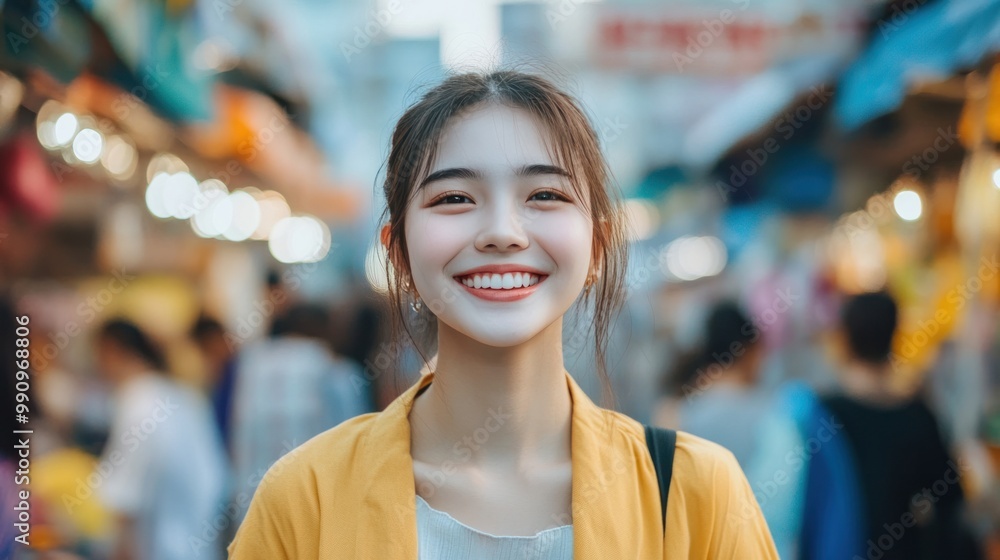 A portrait of an Asian girl with a joyful smile, wearing a casual outfit, standing in a vibrant street market A portrait of an Asian girl with a joyful smile, wearing a casual outfit, standing in a vibrant street market