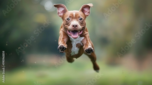 Fun Dog. Staffordshire Terrier Jumping in the Air with Crazy Eyes - Flying Humor photo