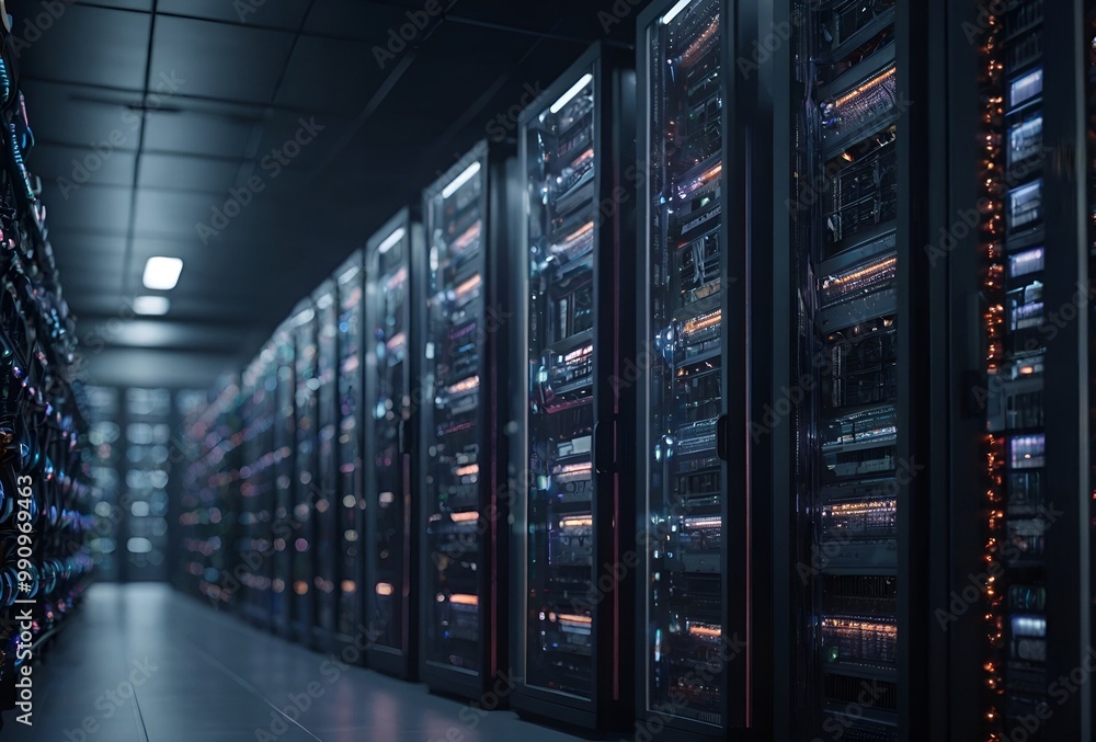 Data Center With Multiple Rows of Fully Operational Server Racks. Modern Telecommunications, Artificial Intelligence, Supercomputer Technology Concept Data Center With Multiple Rows of Fully Operational Server Racks. Modern Telecommunications, Artificial Intelligence, Supercomputer Technology Concept