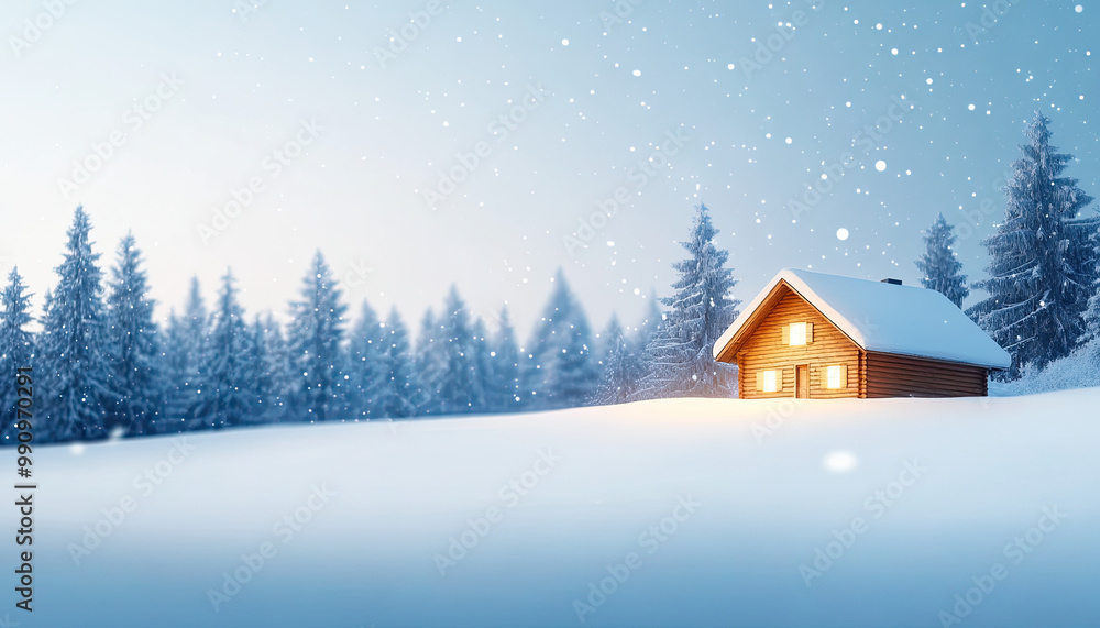 Cozy cabin in snowy landscape with glowing windows, winter wonderland scene. Cozy cabin in snowy landscape with glowing windows, winter wonderland scene.